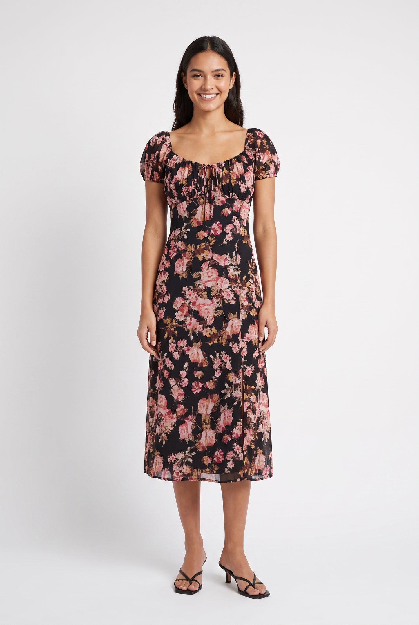 Women's As U Wish Floral Puff Sleeve Midi Dress with Tie Front