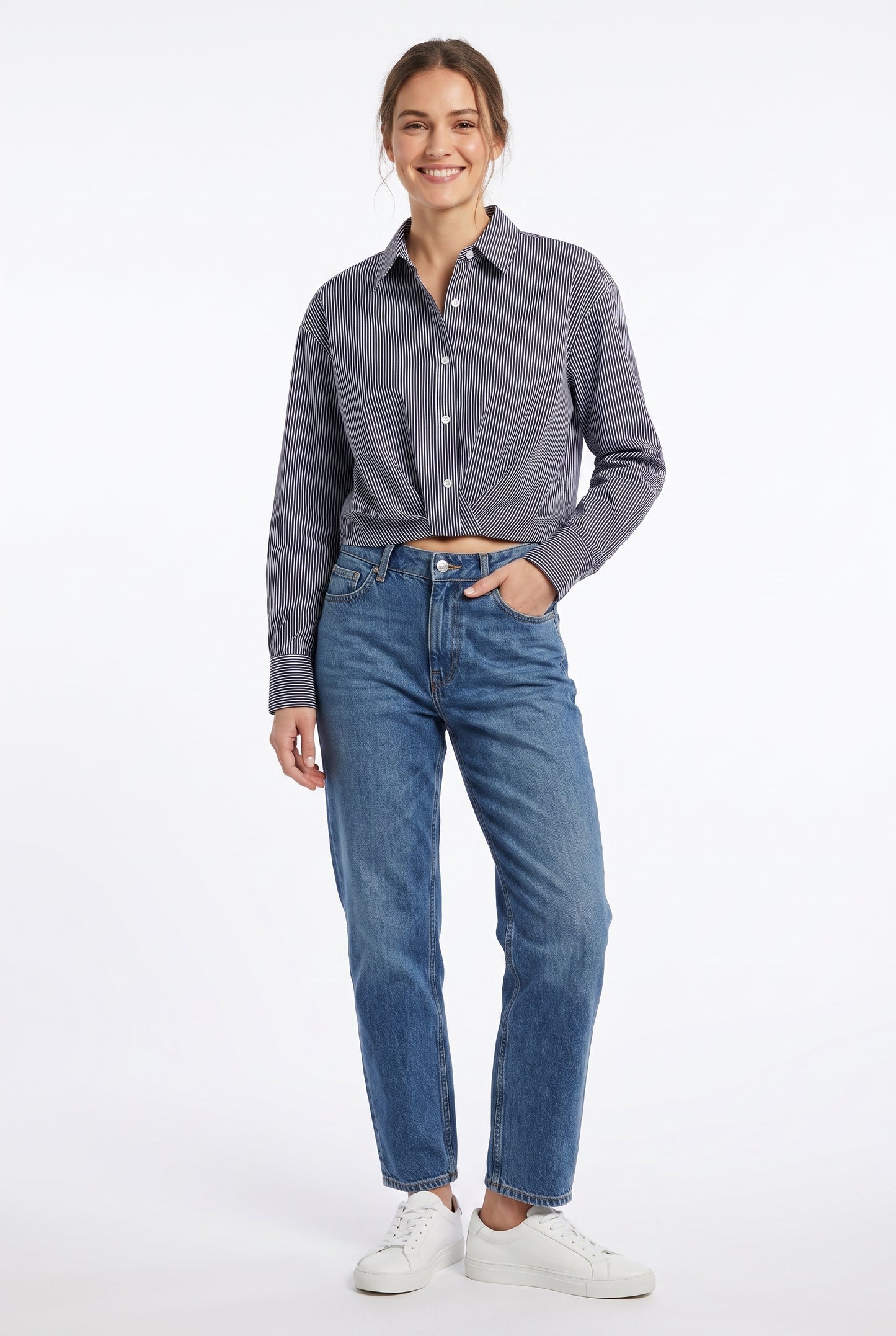 Women's Meraki Striped Long-Sleeve Button-Down Crop Shirt