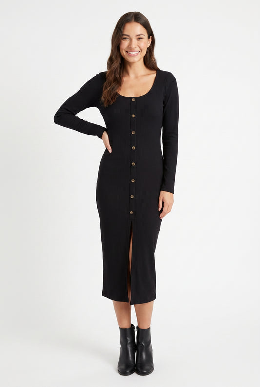 Women's Meraki Long-Sleeve Button-Front Ribbed Midi Dress