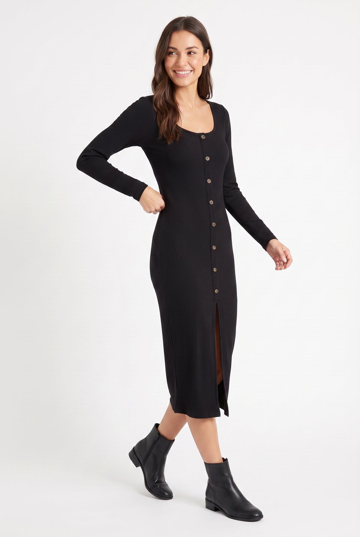 Women's Meraki Long-Sleeve Button-Front Ribbed Midi Dress
