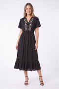 Women's Figueroa & Flower Embroidered V-Neck Midi Dress with Ruffle Hem