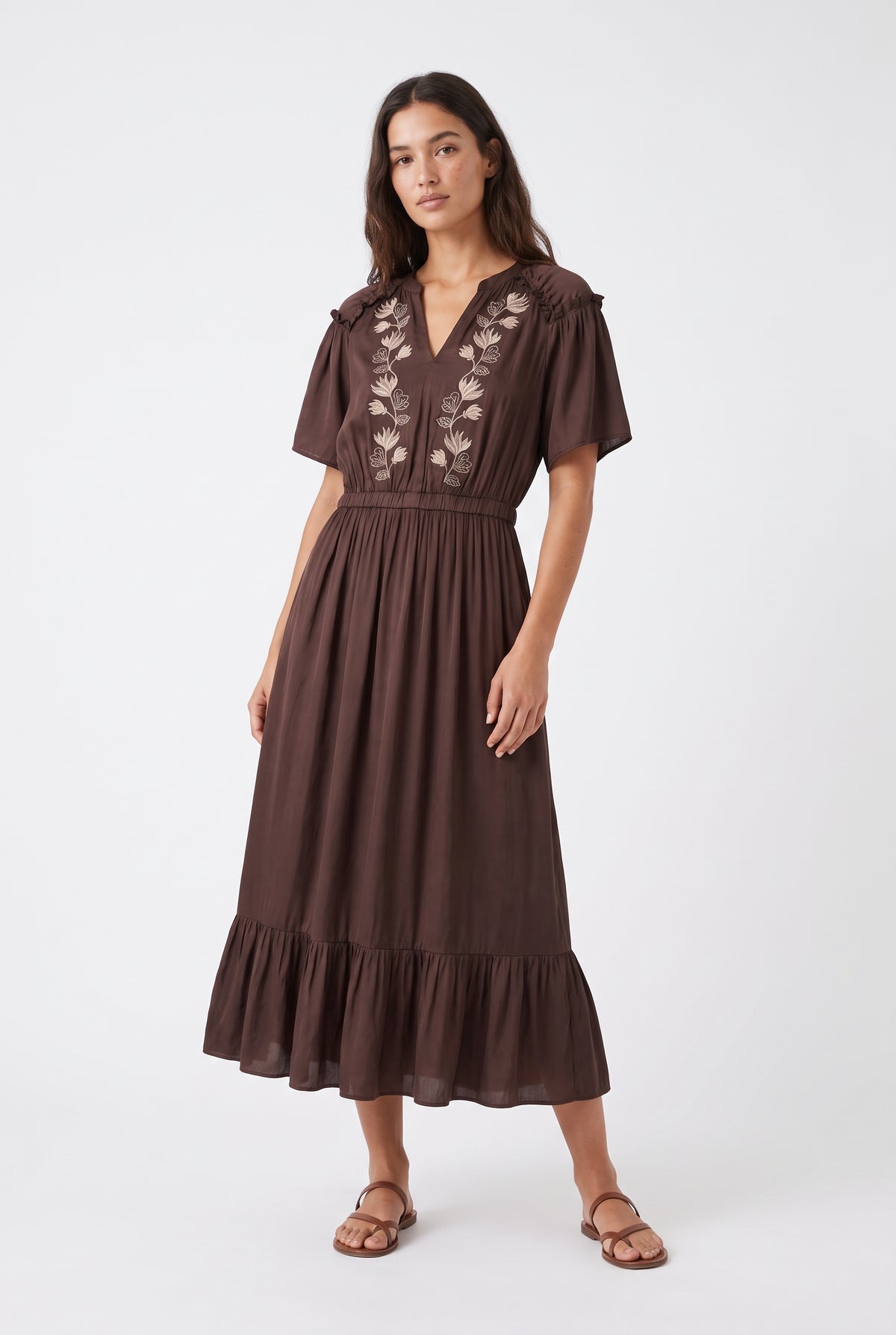 Women's Figueroa & Flower Embroidered V-Neck Midi Dress with Ruffle Hem