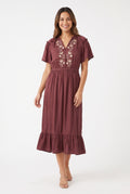Women's Figueroa & Flower Embroidered V-Neck Midi Dress with Ruffle Hem