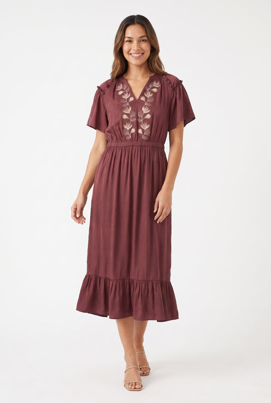 Women's Figueroa & Flower Embroidered V-Neck Midi Dress with Ruffle Hem