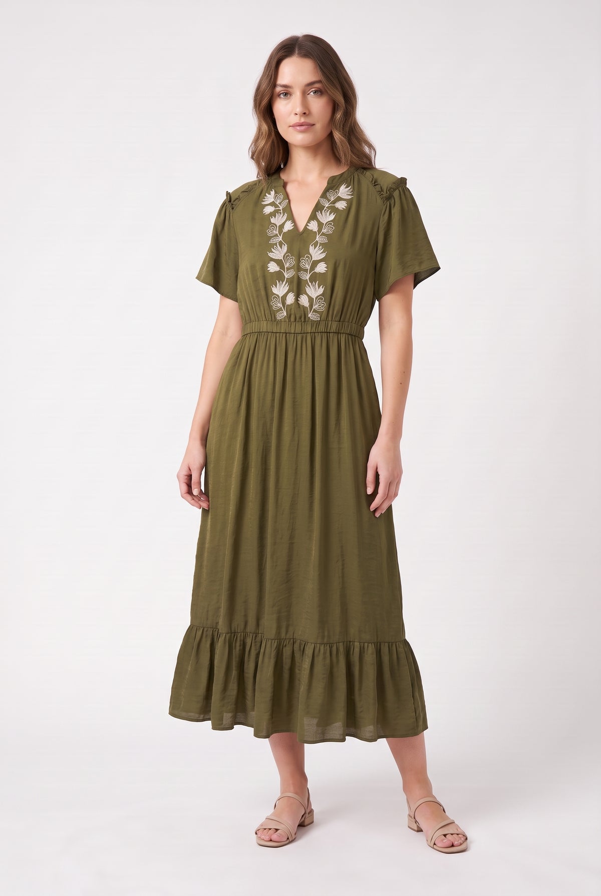 Women's Figueroa & Flower Embroidered V-Neck Midi Dress with Ruffle Hem