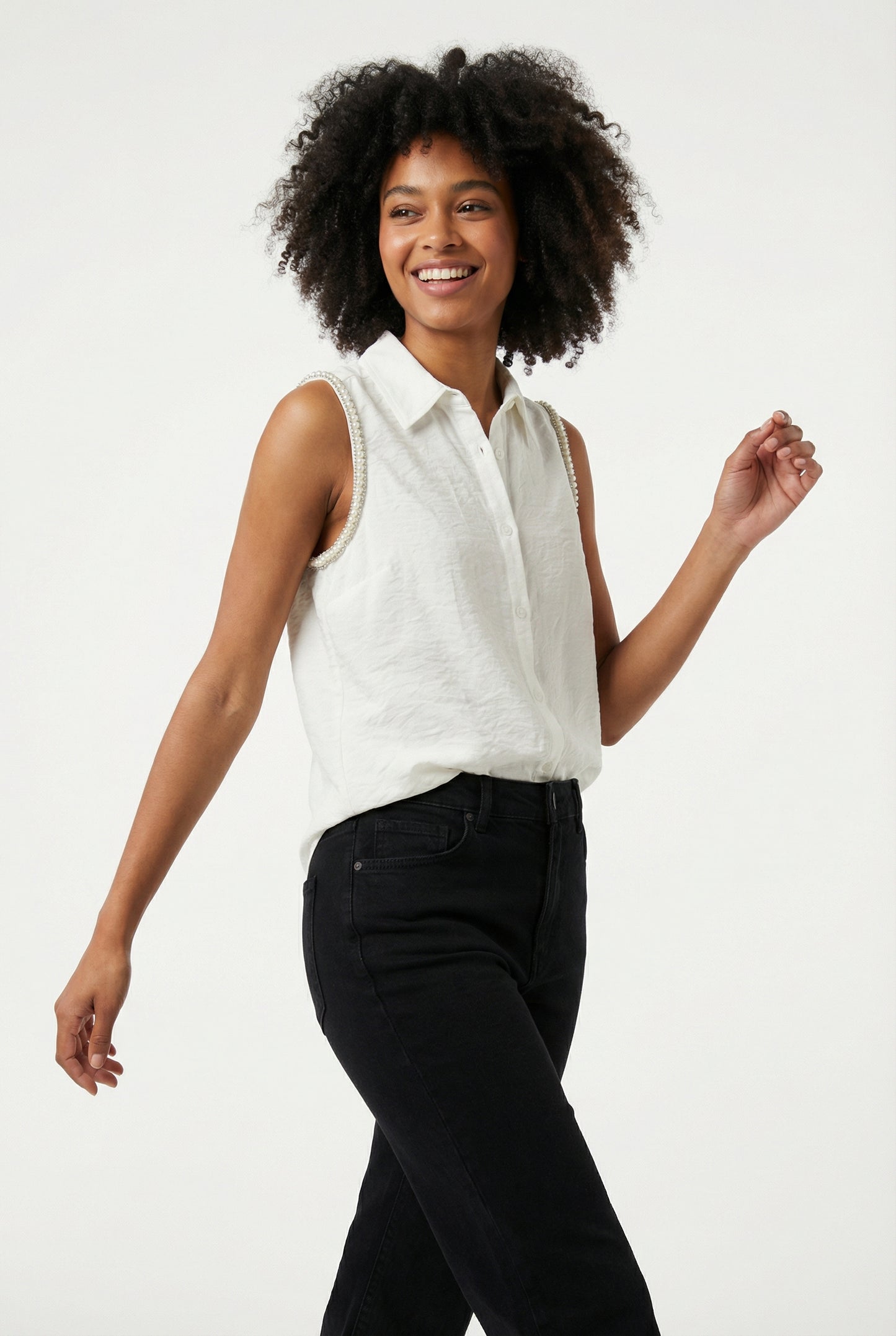 Women's Love & Piece Sleeveless Button-Down Top with Bead Trim