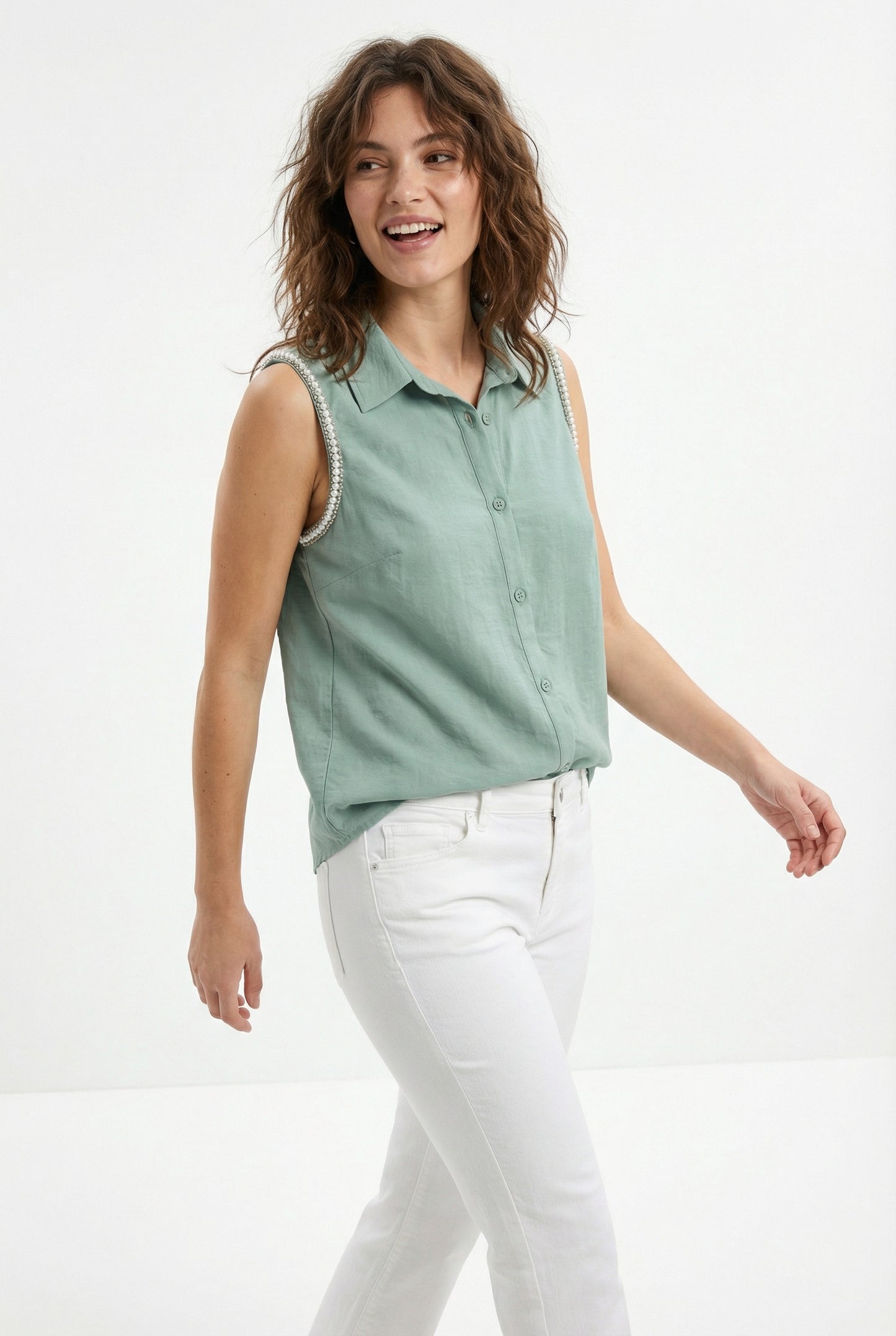 Women's Love & Piece Sleeveless Button-Down Top with Bead Trim