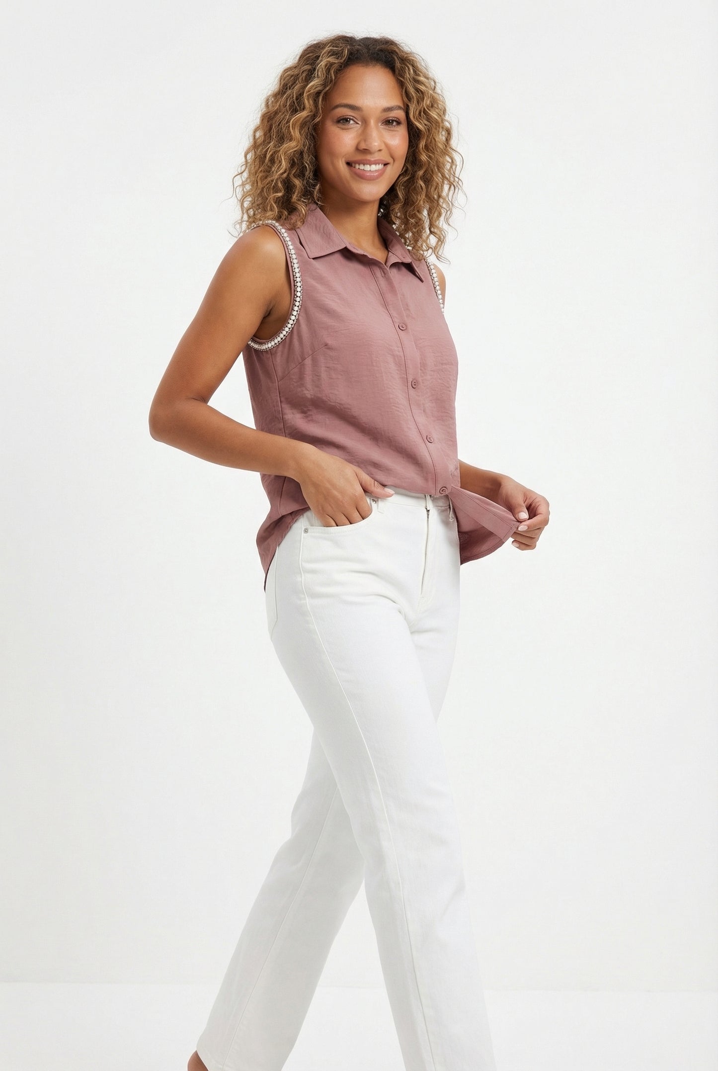 Women's Love & Piece Sleeveless Button-Down Top with Bead Trim