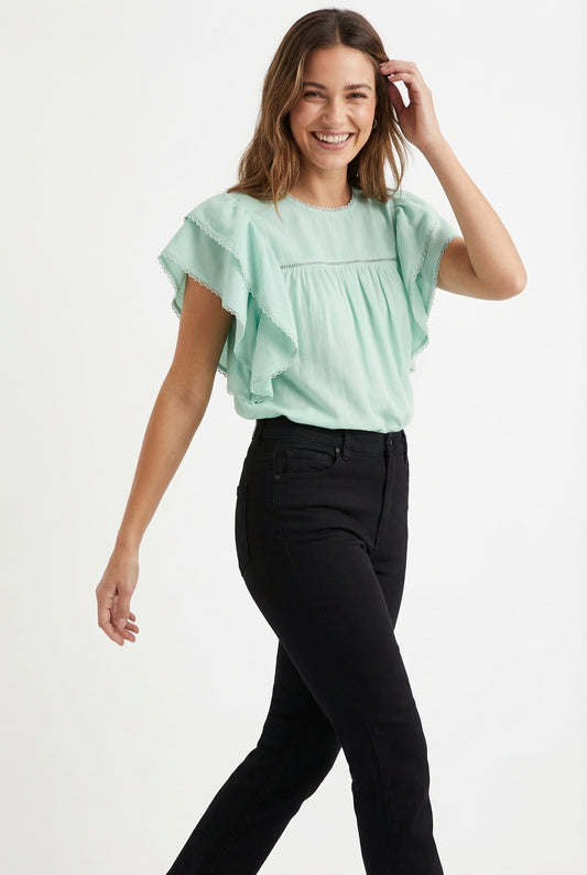 Women's June & Hudson Flutter Sleeve Blouse with Lace Trim