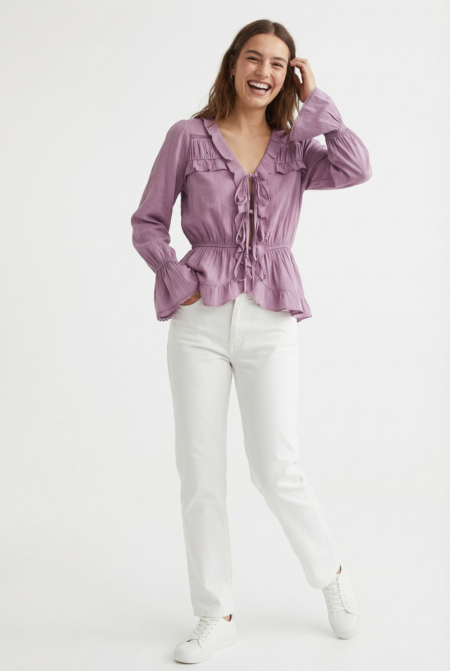 Women's June & Hudson Long-Sleeve Tie-Front Ruffle Blouse
