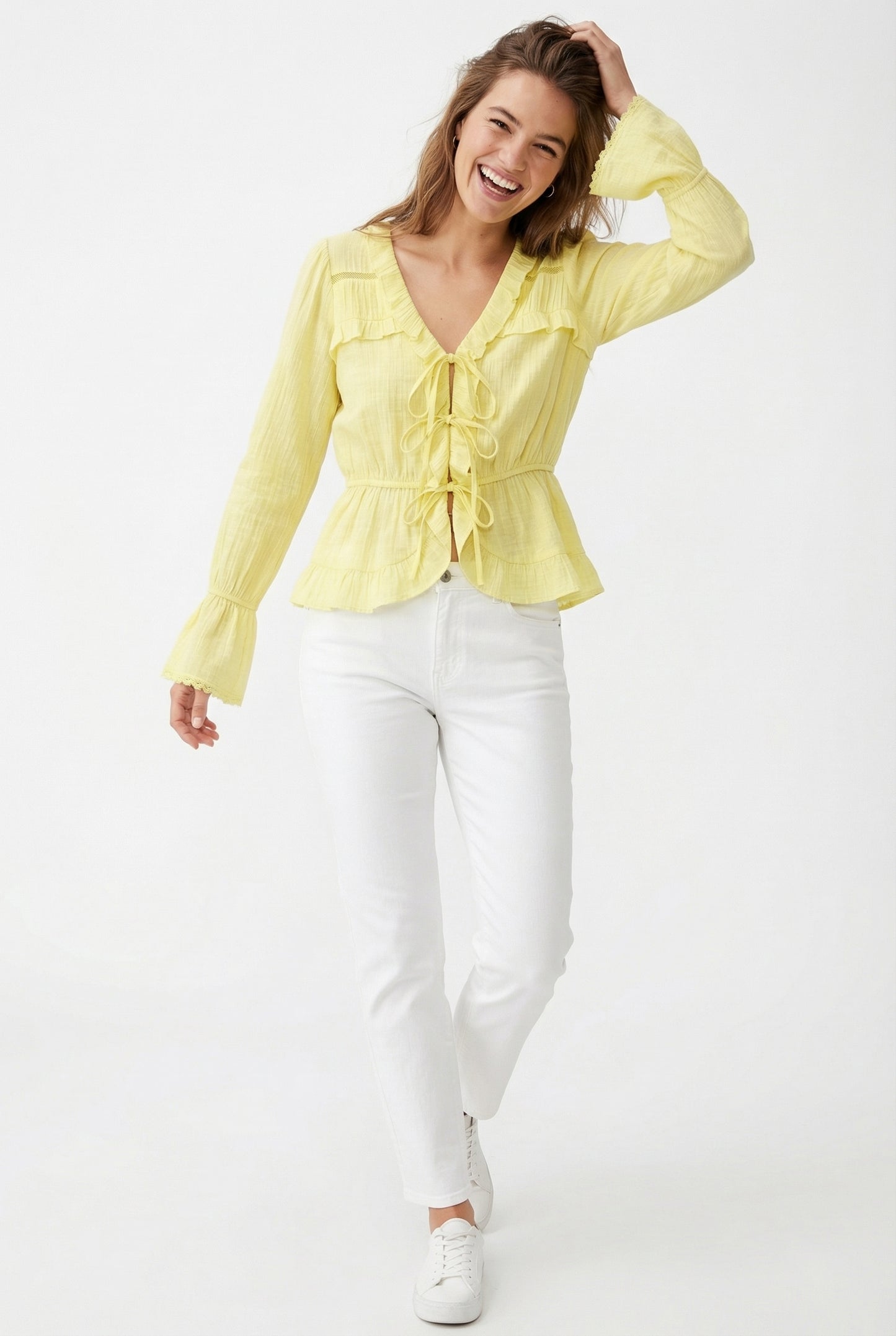 Women's June & Hudson Long-Sleeve Tie-Front Ruffle Blouse