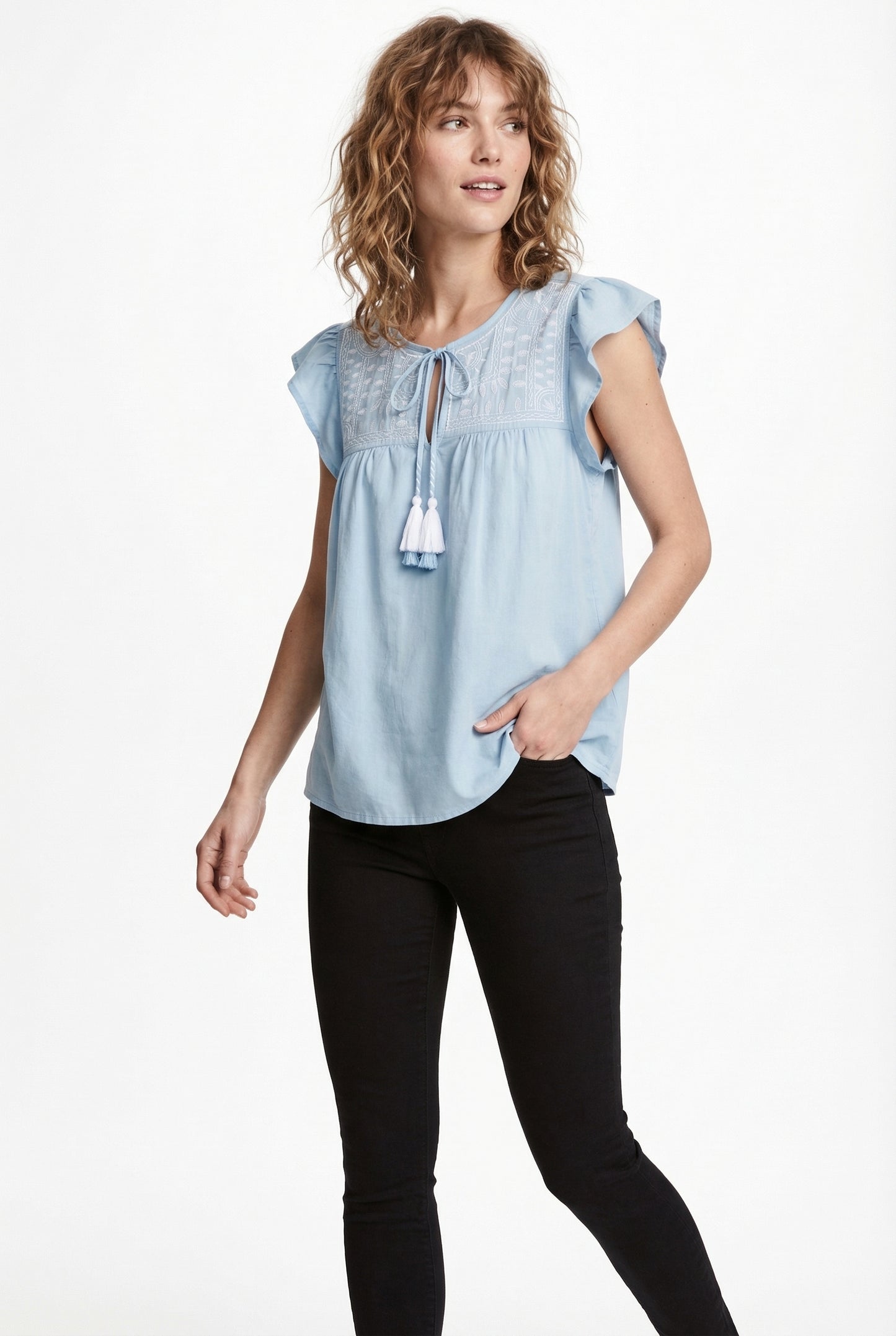 Women's June & Hudson Ruffle Sleeve Embroidered Top