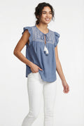 Women's June & Hudson Ruffle Sleeve Embroidered Top