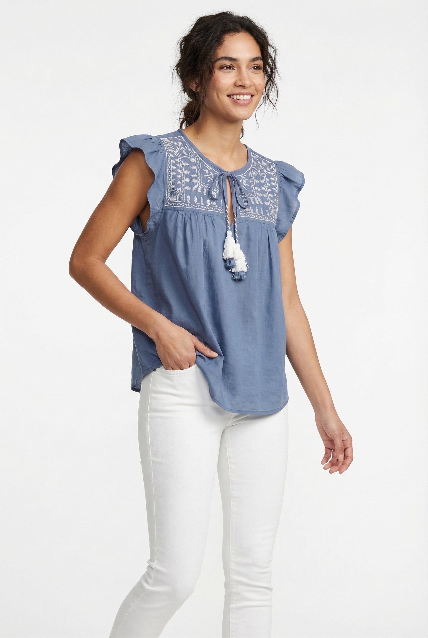 Women's June & Hudson Ruffle Sleeve Embroidered Top