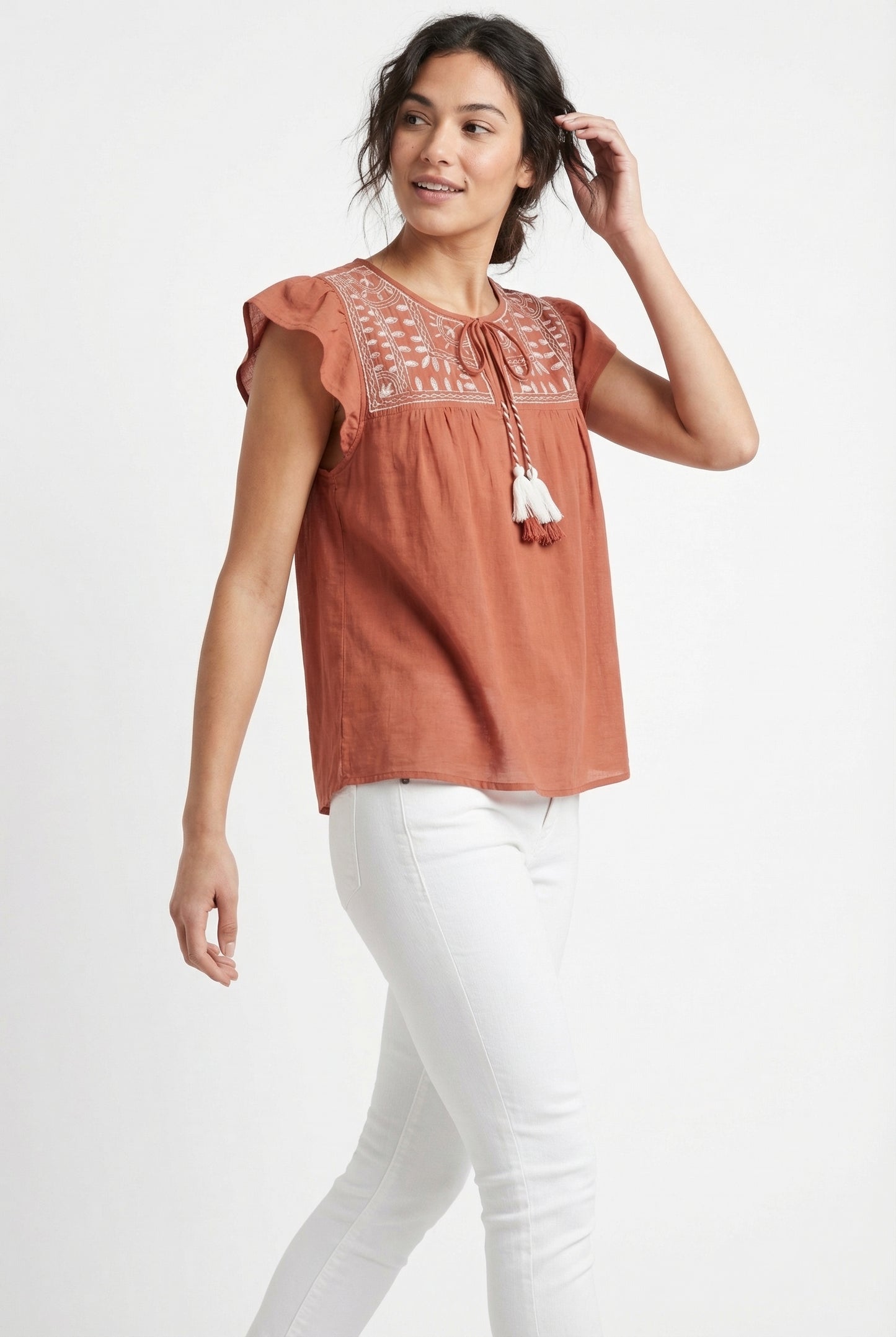 Women's June & Hudson Ruffle Sleeve Embroidered Top