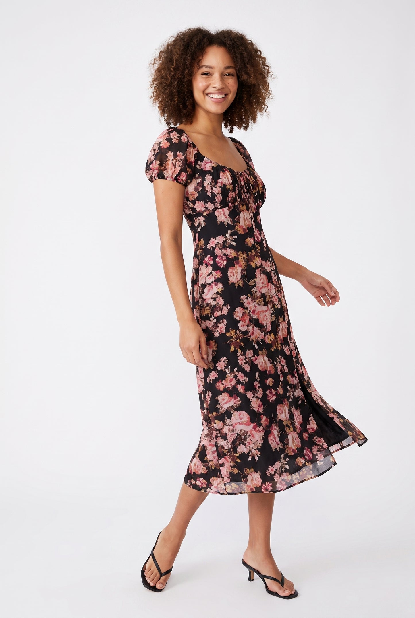 Women's As U Wish Floral Puff Sleeve Midi Dress with Tie Front