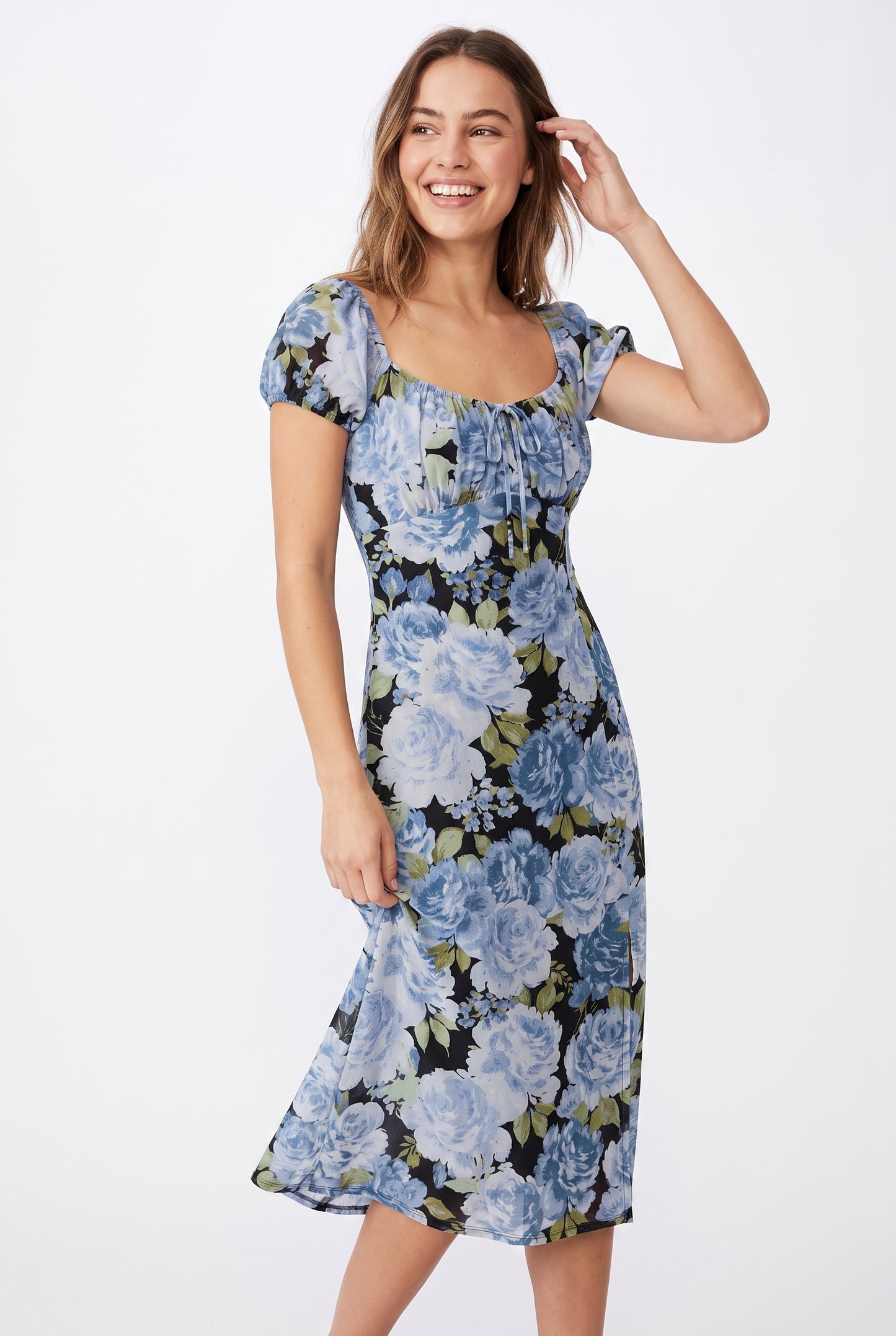 Women's As U Wish Floral Puff Sleeve Midi Dress with Tie Front