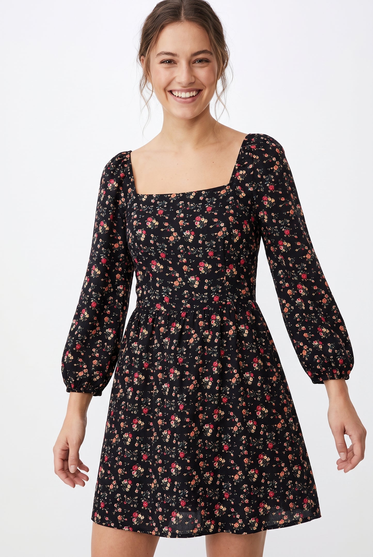 Women's As U Wish Floral Square Neck Mini Dress with Puffy Sleeves