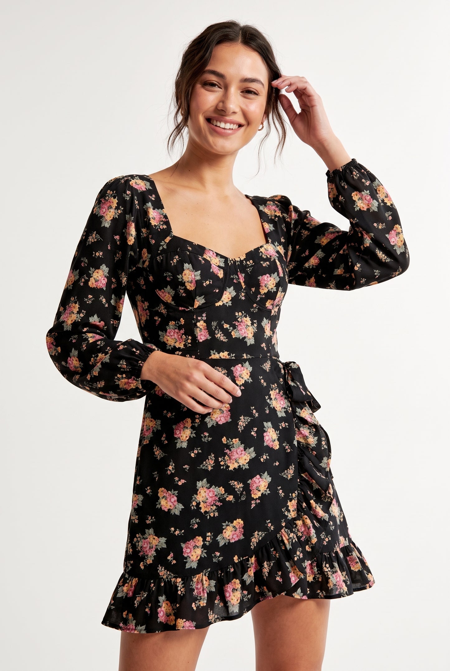 Women's As U Wish Long-Sleeve Floral Wrap Mini Dress