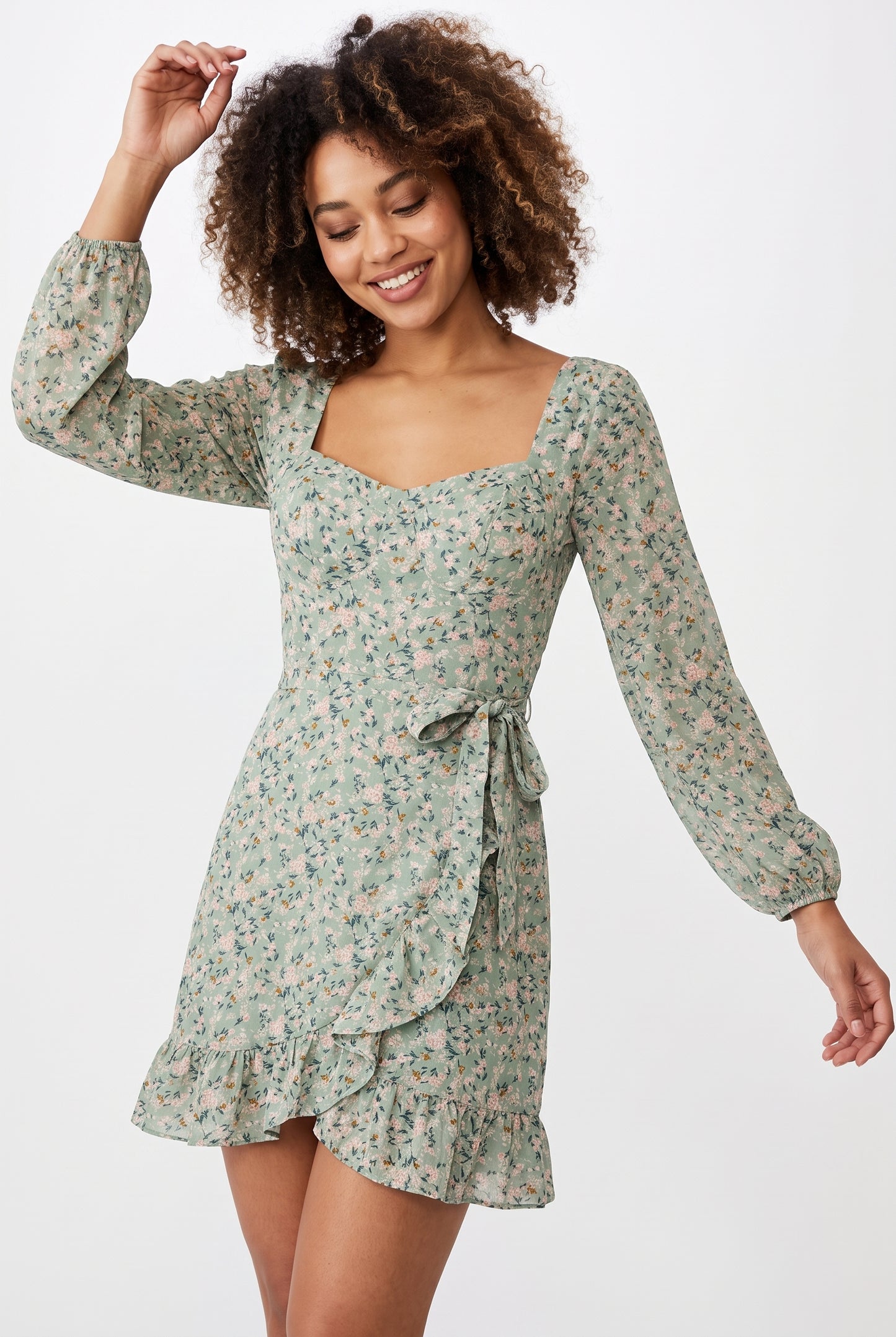 Women's As U Wish Long-Sleeve Floral Wrap Mini Dress