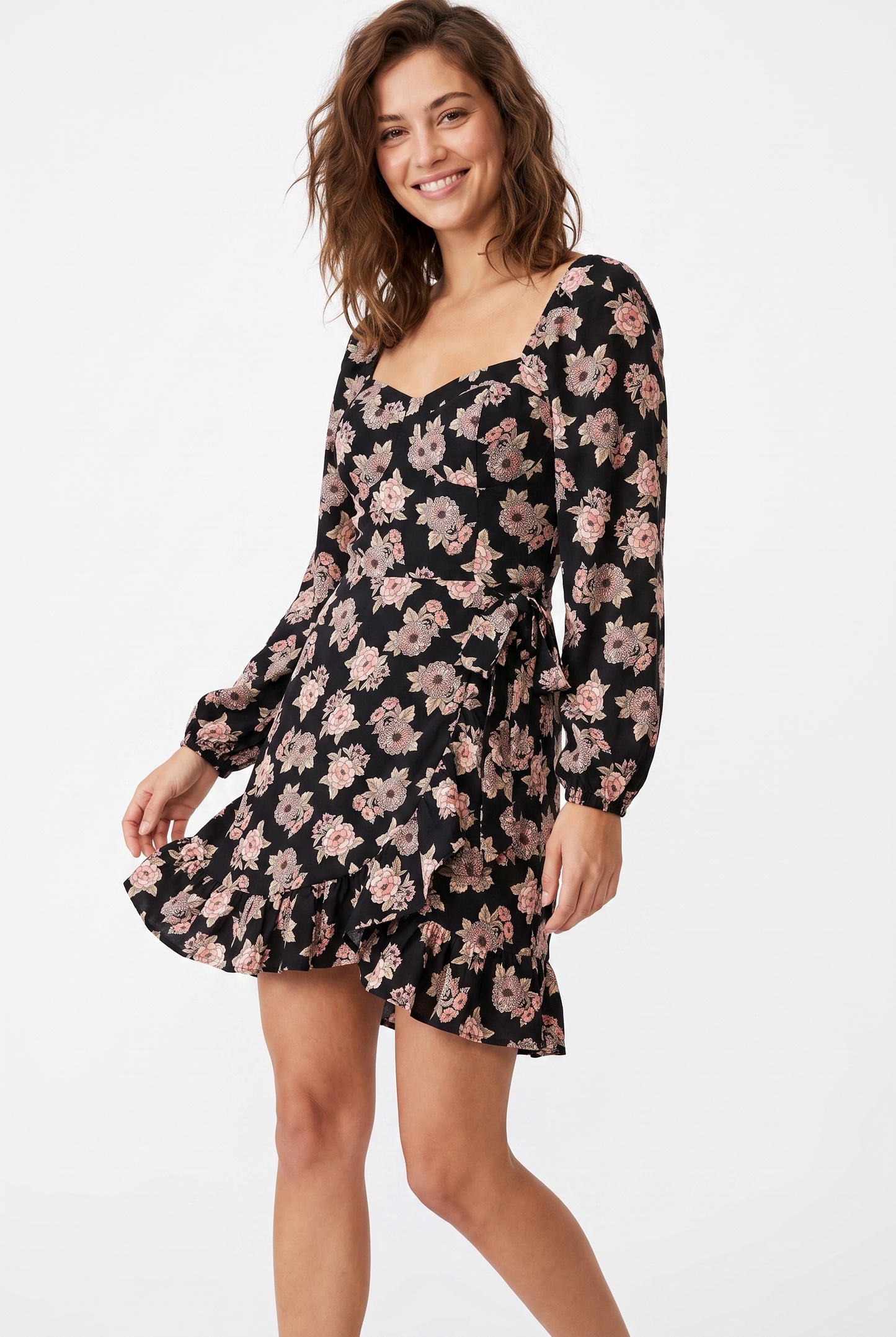 Women's As U Wish Long-Sleeve Floral Wrap Mini Dress