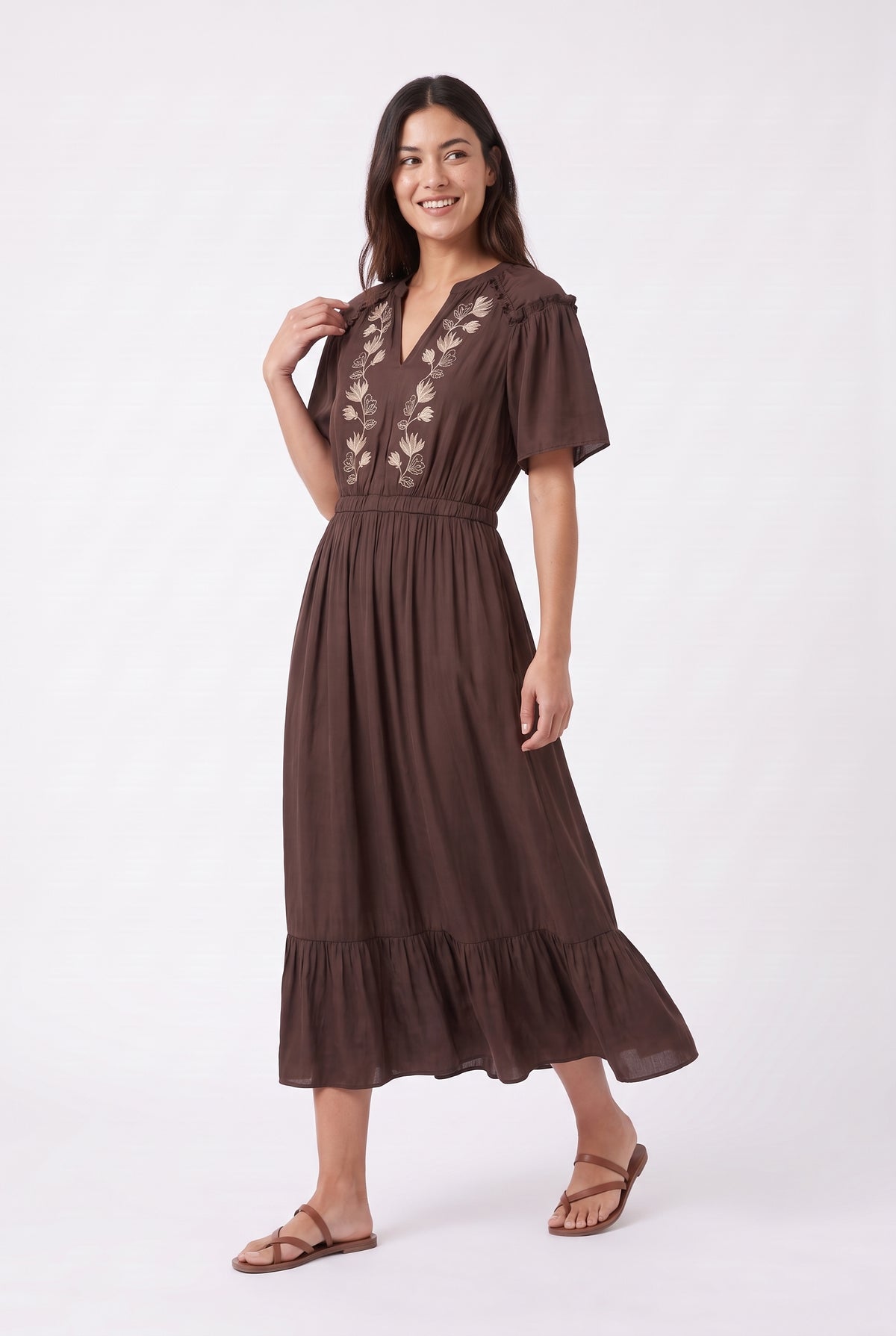 Women's Figueroa & Flower Embroidered V-Neck Midi Dress with Ruffle Hem