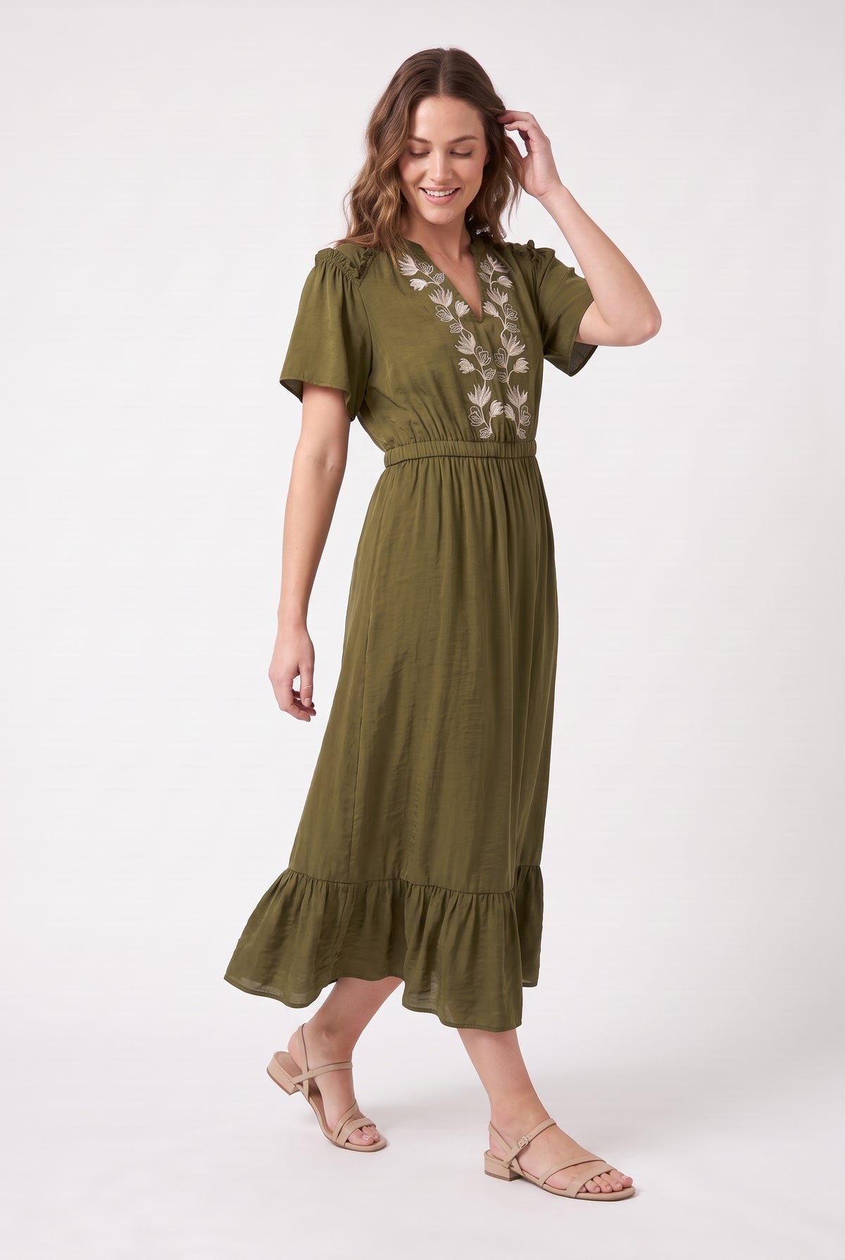 Women's Figueroa & Flower Embroidered V-Neck Midi Dress with Ruffle Hem