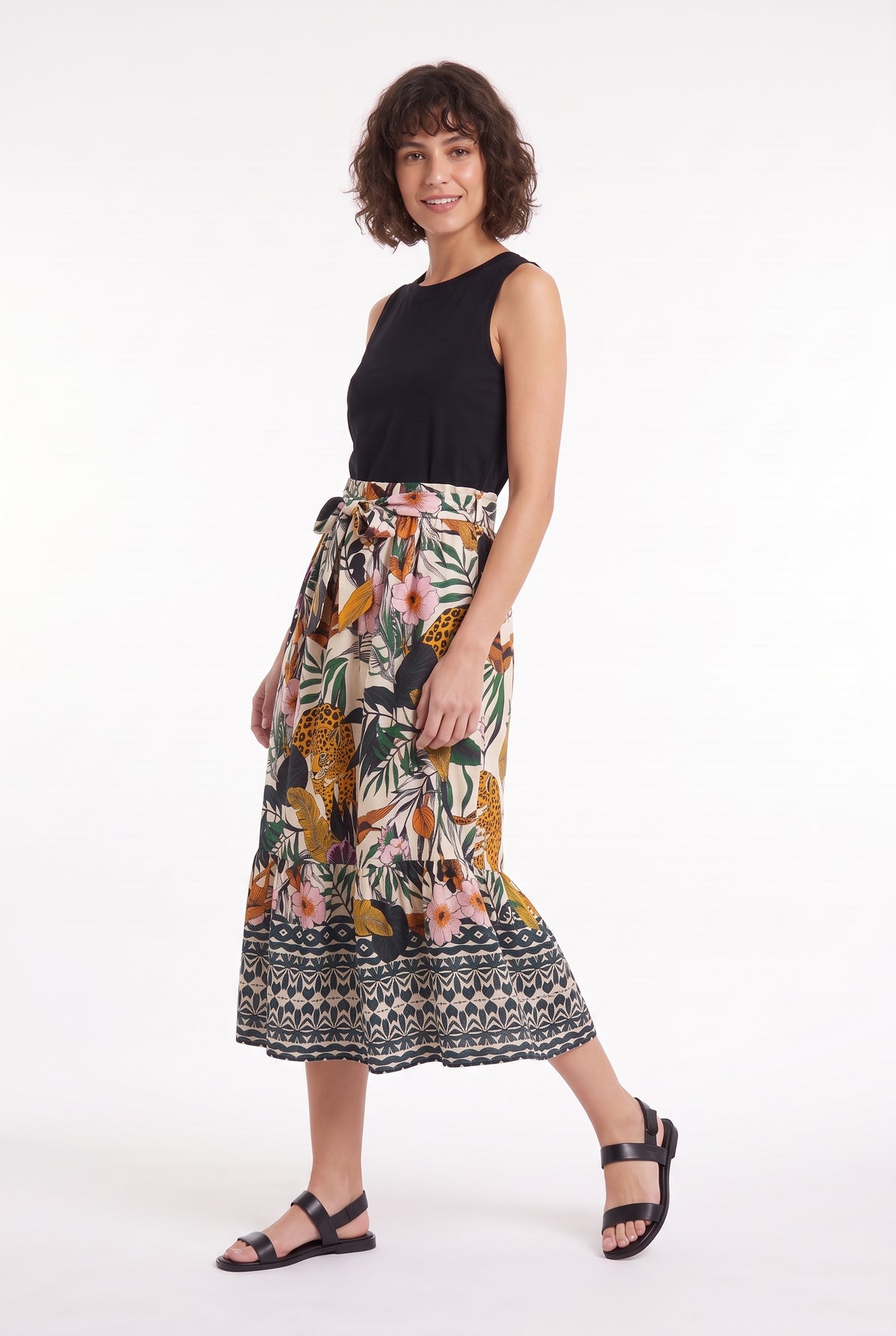 Women's Figueroa & Flower Sleeveless Midi Dress with Tie Waist