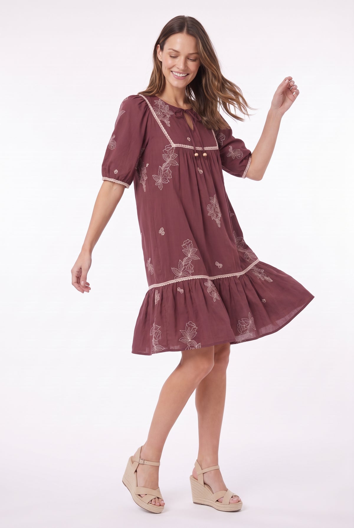 Women's Figueroa & Flower Embroidered Short Sleeve Tiered Dress