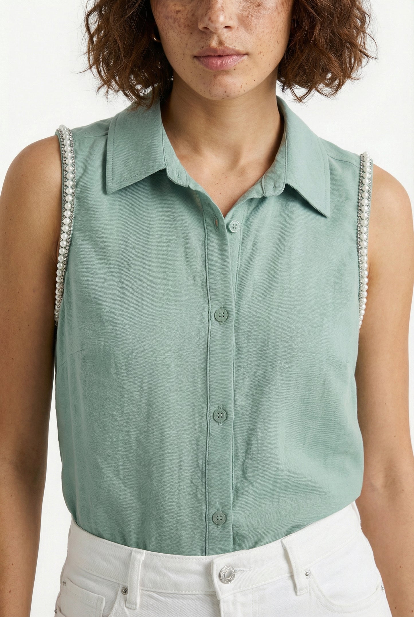 Women's Love & Piece Sleeveless Button-Down Top with Bead Trim
