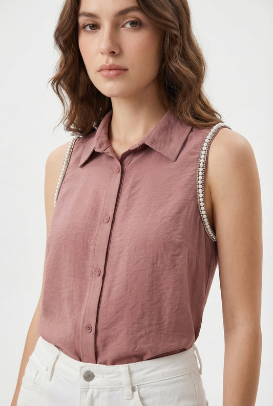 Women's Love & Piece Sleeveless Button-Down Top with Bead Trim