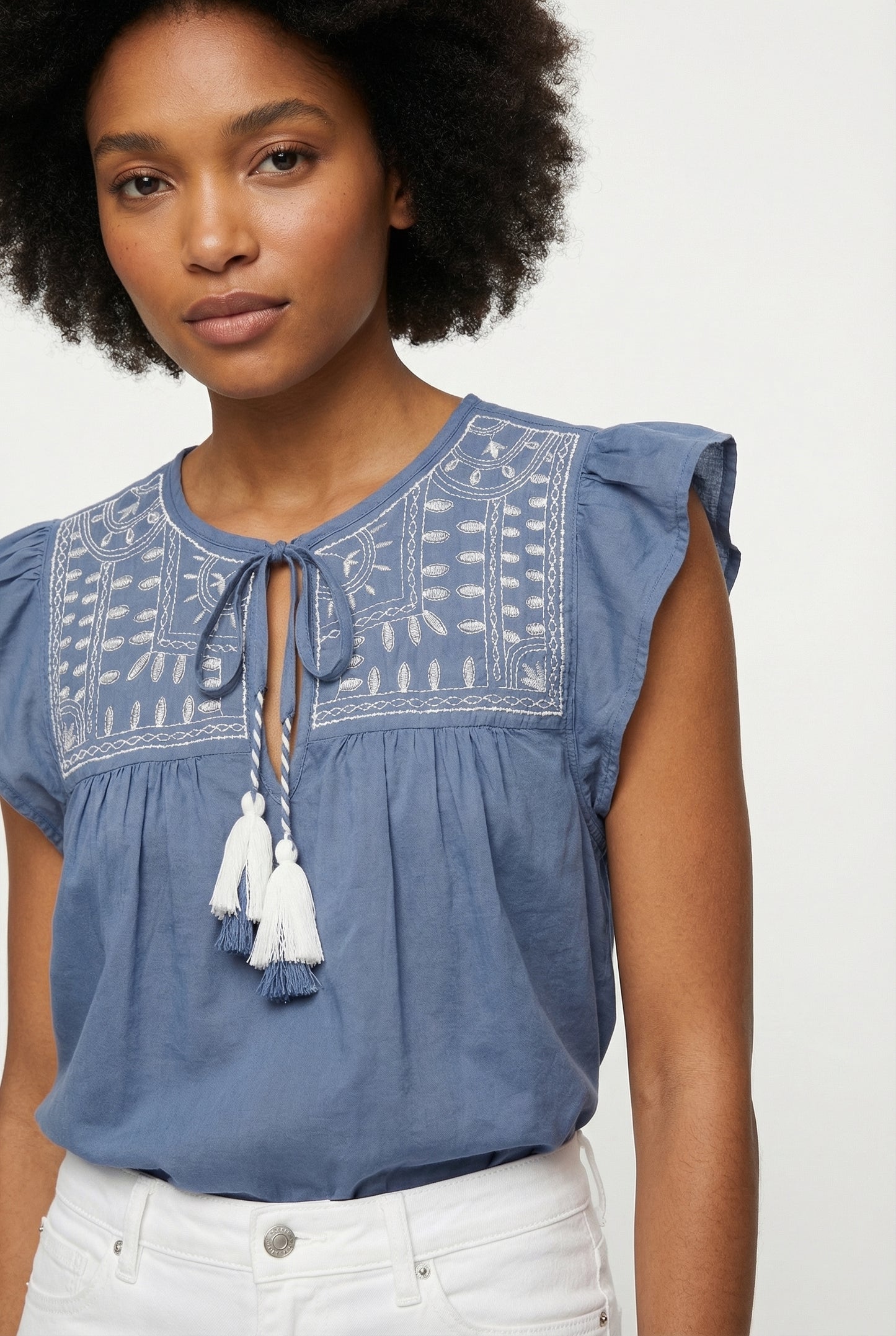 Women's June & Hudson Ruffle Sleeve Embroidered Top