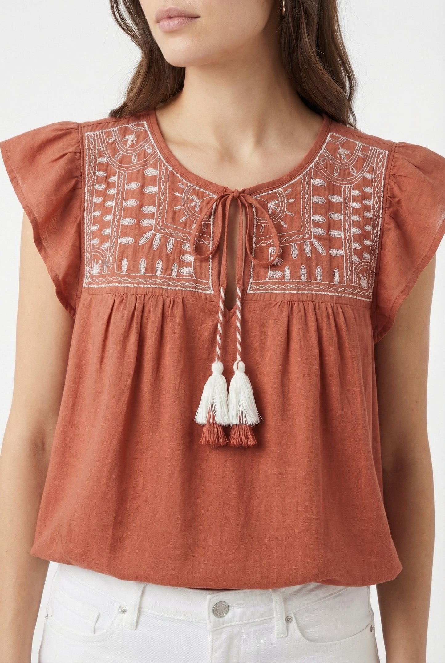 Women's June & Hudson Ruffle Sleeve Embroidered Top