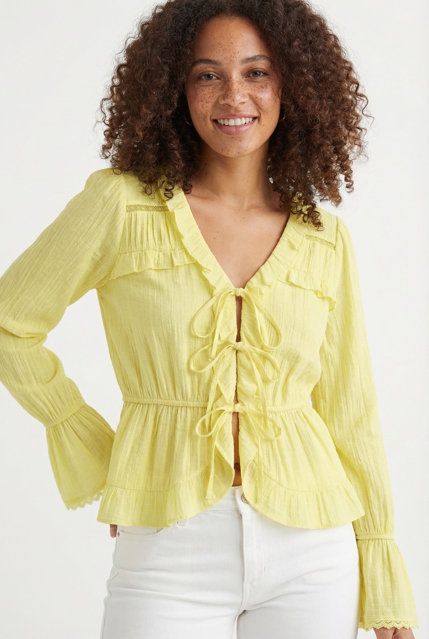 Women's June & Hudson Long-Sleeve Tie-Front Ruffle Blouse