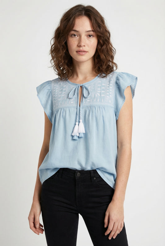 Women's June & Hudson Ruffle Sleeve Embroidered Top