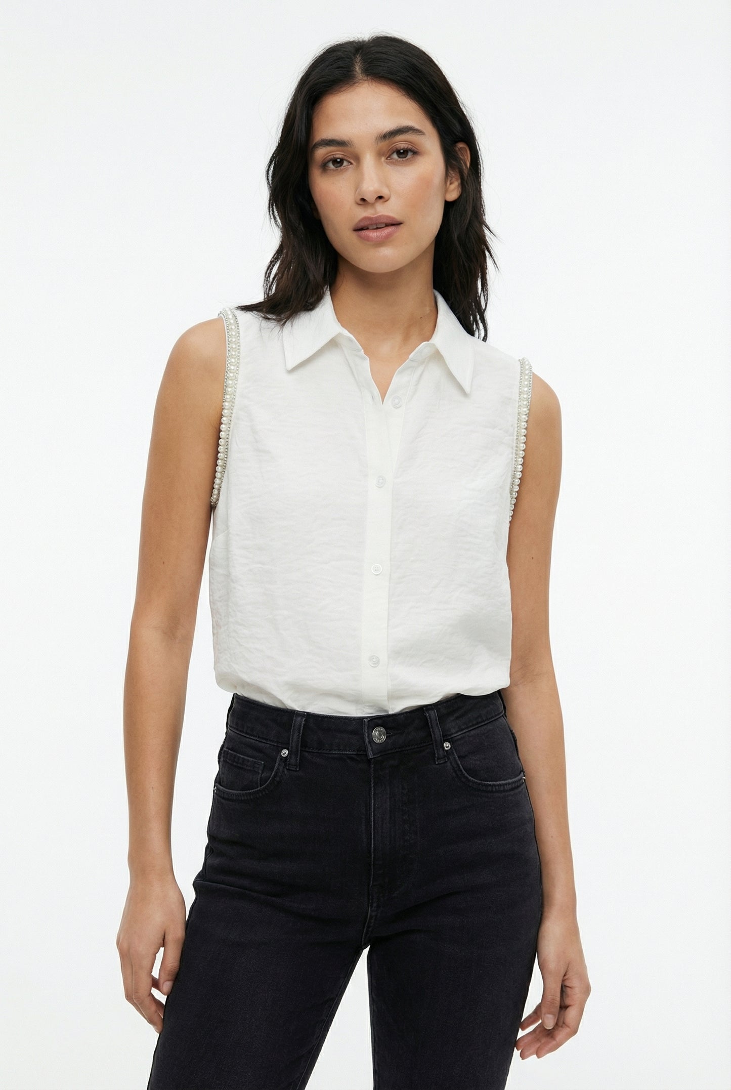 Women's Love & Piece Sleeveless Button-Down Top with Bead Trim