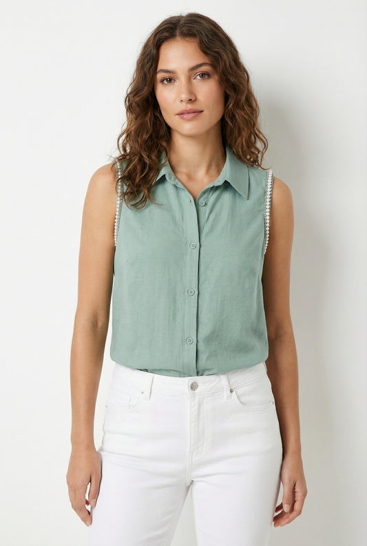 Women's Love & Piece Sleeveless Button-Down Top with Bead Trim