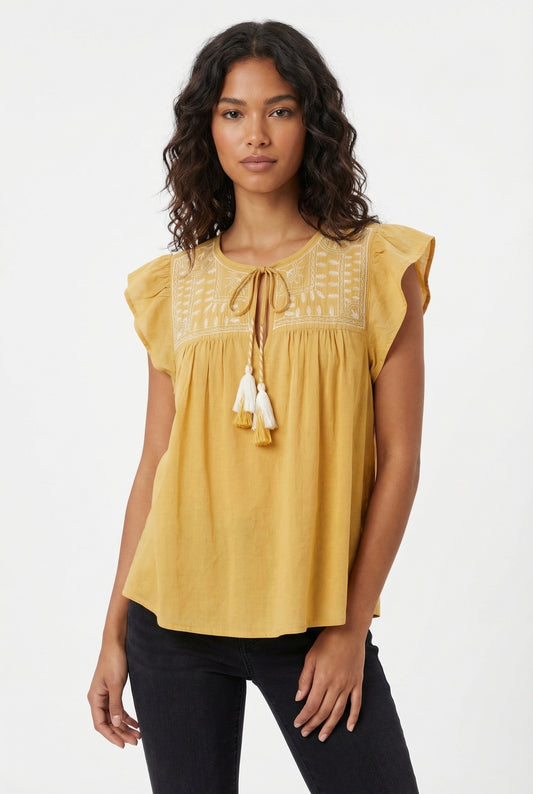 Women's June & Hudson Ruffle Sleeve Embroidered Top