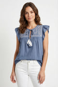 Women's June & Hudson Ruffle Sleeve Embroidered Top