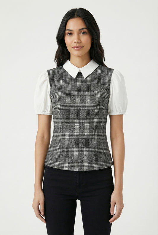 Women's As U Wish Polished Puff Sleeve Plaid Top