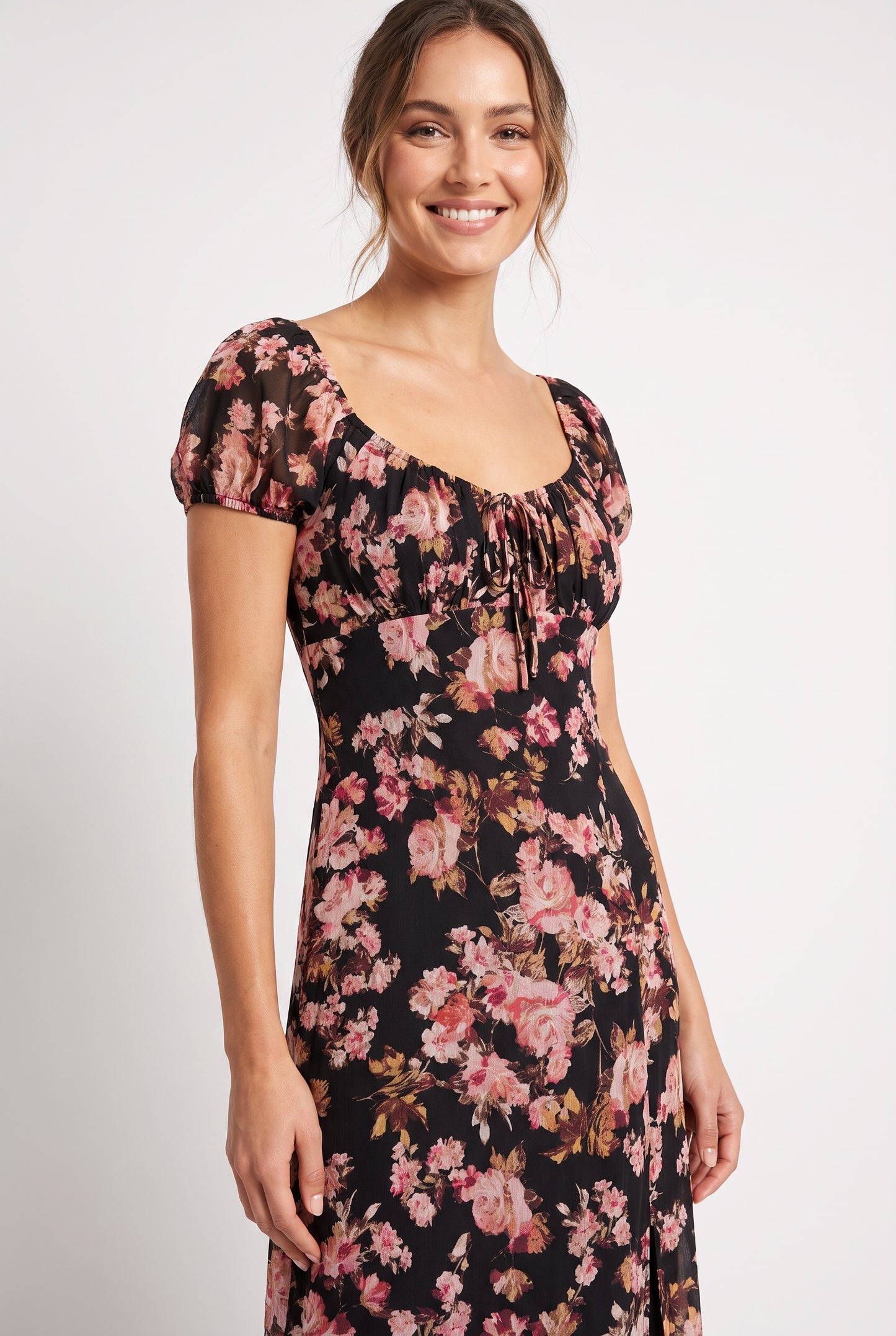 Women's As U Wish Floral Puff Sleeve Midi Dress with Tie Front