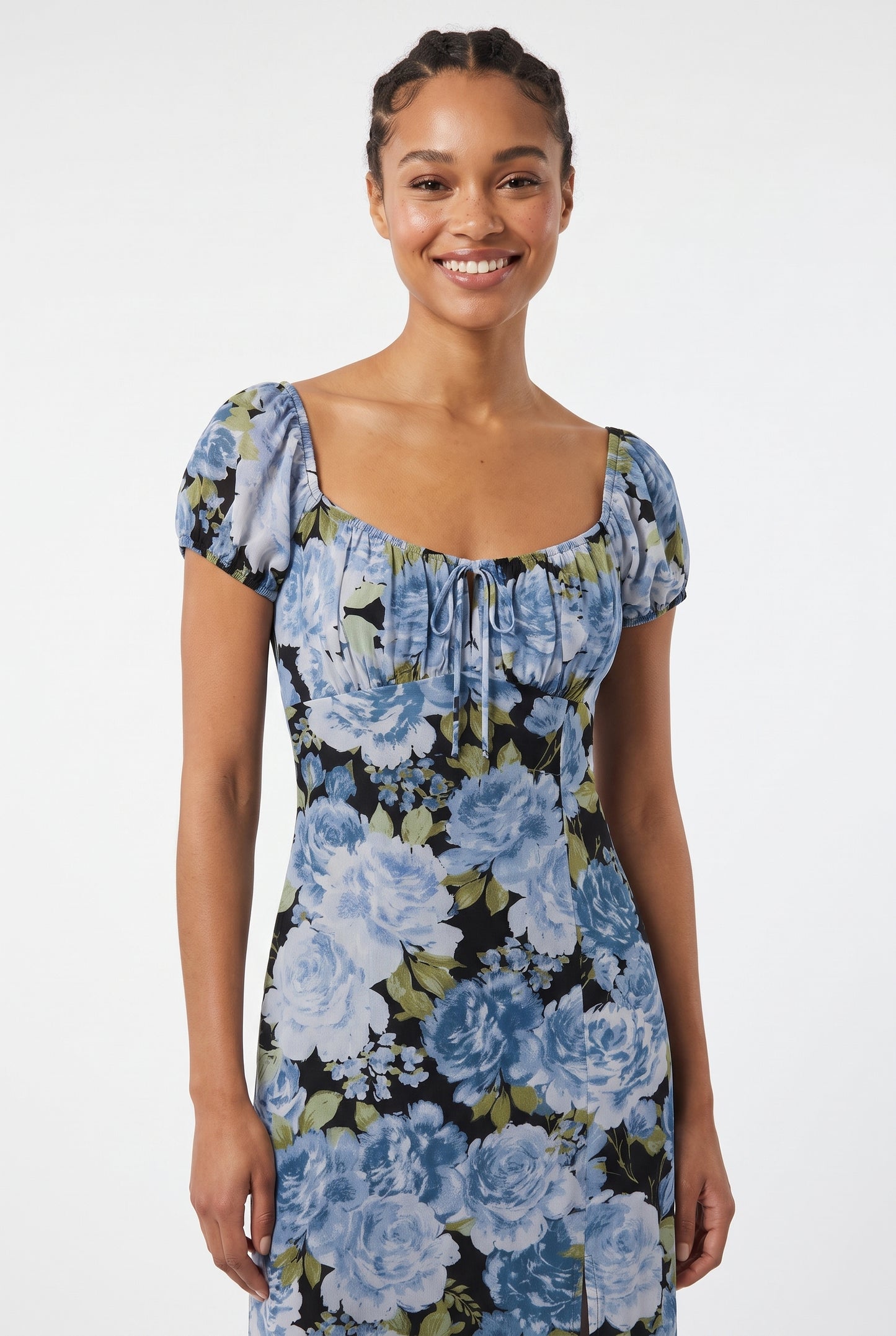Women's As U Wish Floral Puff Sleeve Midi Dress with Tie Front