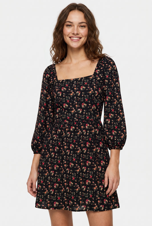 Women's As U Wish Floral Square Neck Mini Dress with Puffy Sleeves