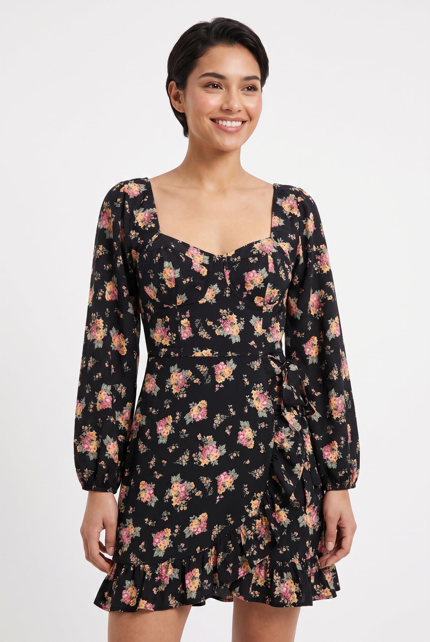Women's As U Wish Long-Sleeve Floral Wrap Mini Dress
