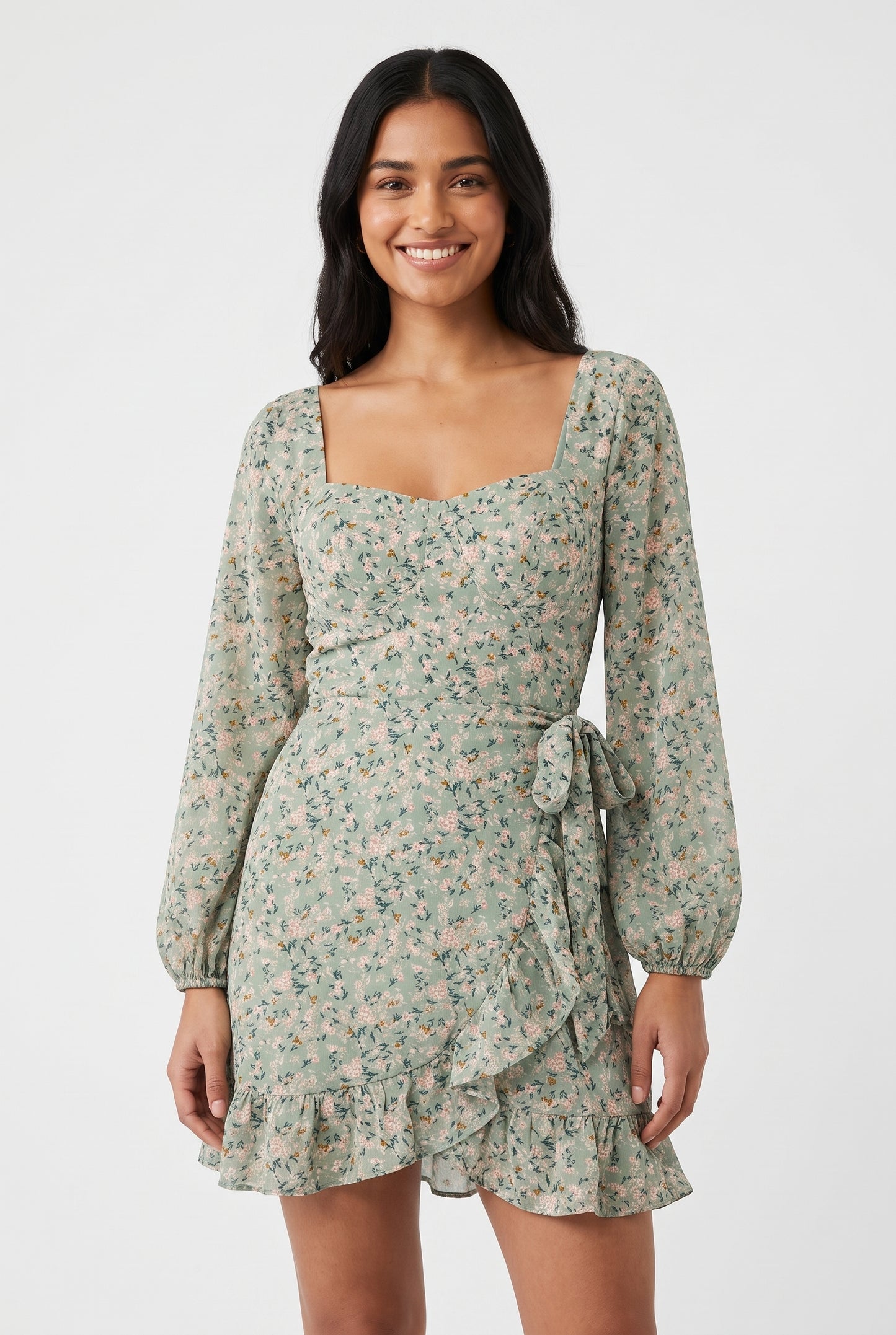 Women's As U Wish Long-Sleeve Floral Wrap Mini Dress