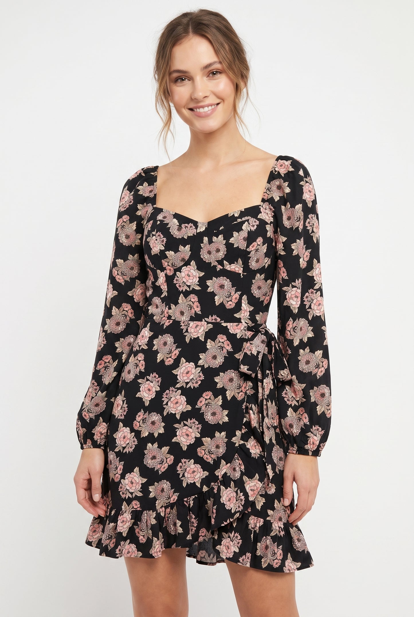 Women's As U Wish Long-Sleeve Floral Wrap Mini Dress