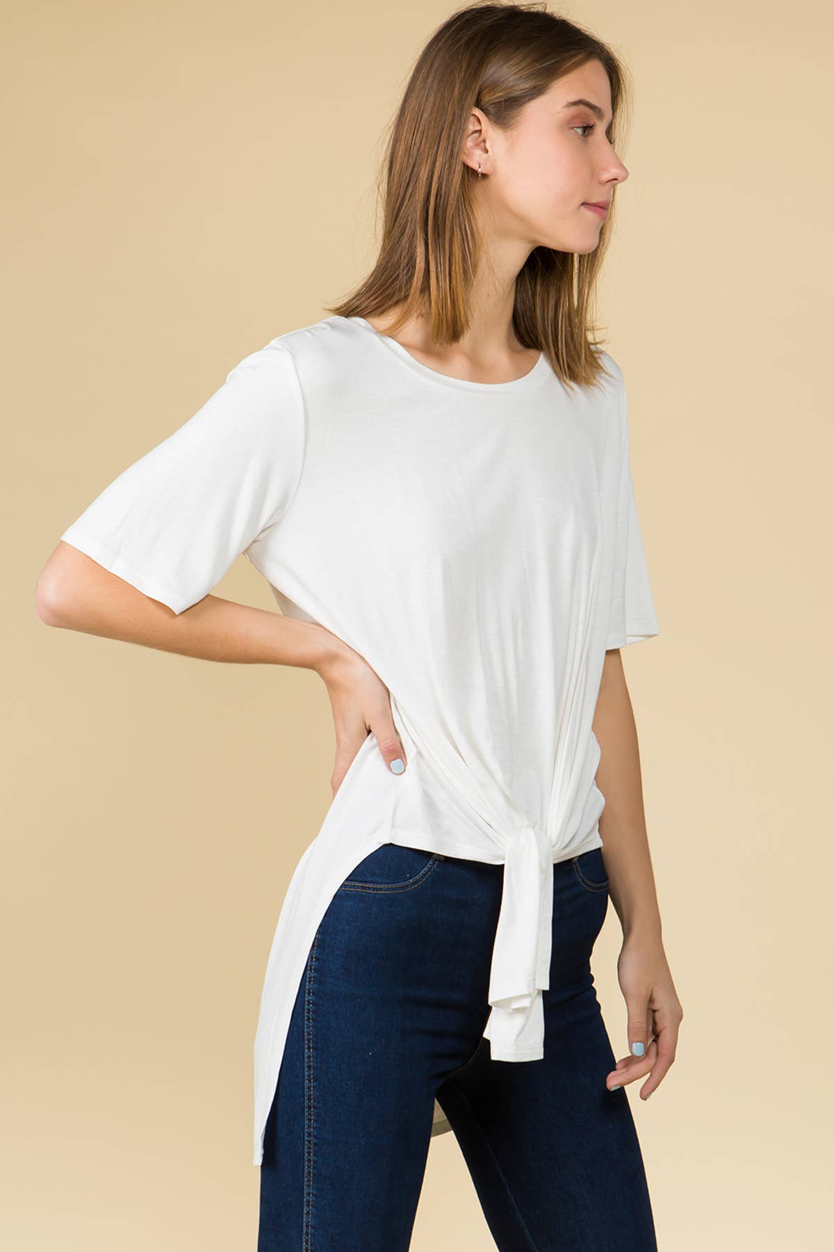 Basic High Low Front Tie Loose Fit Tee Shirts