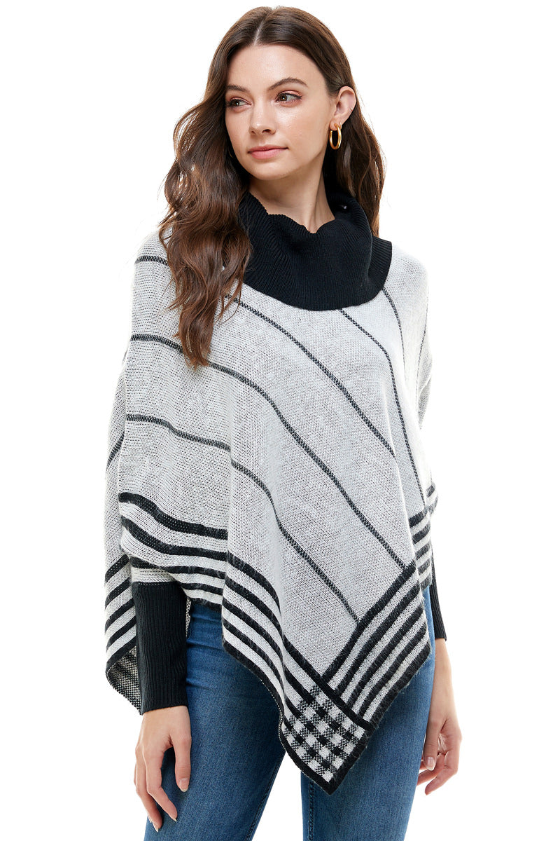 Amelia Relaxed Turtleneck Striped Poncho Sweater
