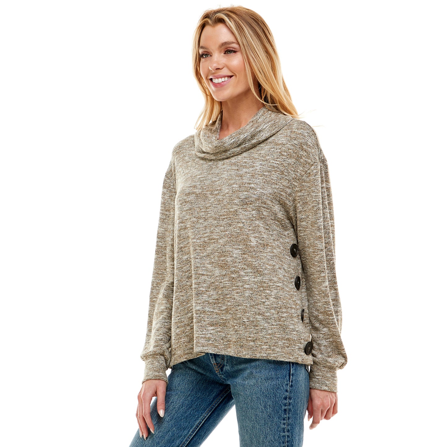 Long Sleeve Button Side Cowl Neck