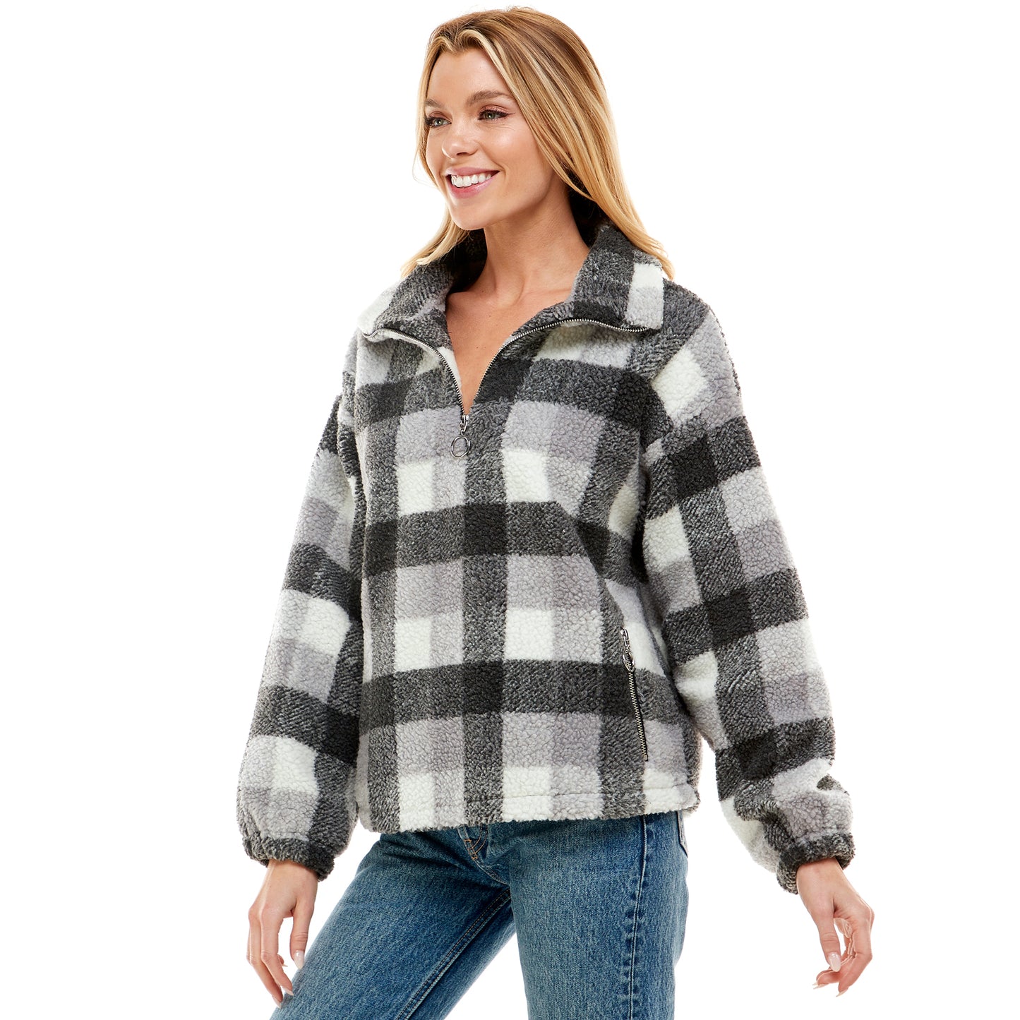 Checker Print Sherpa Pullover